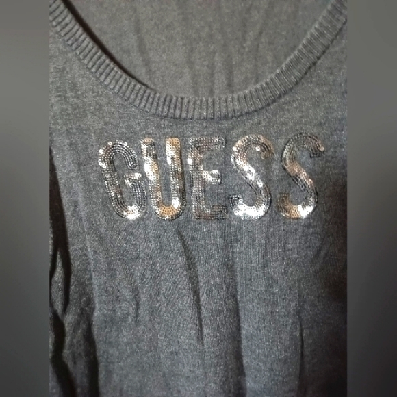 Women's Guess Gray Scoop neck Sweater with Silver Sequin Bling 💎 logo - Picture 2 of 5
